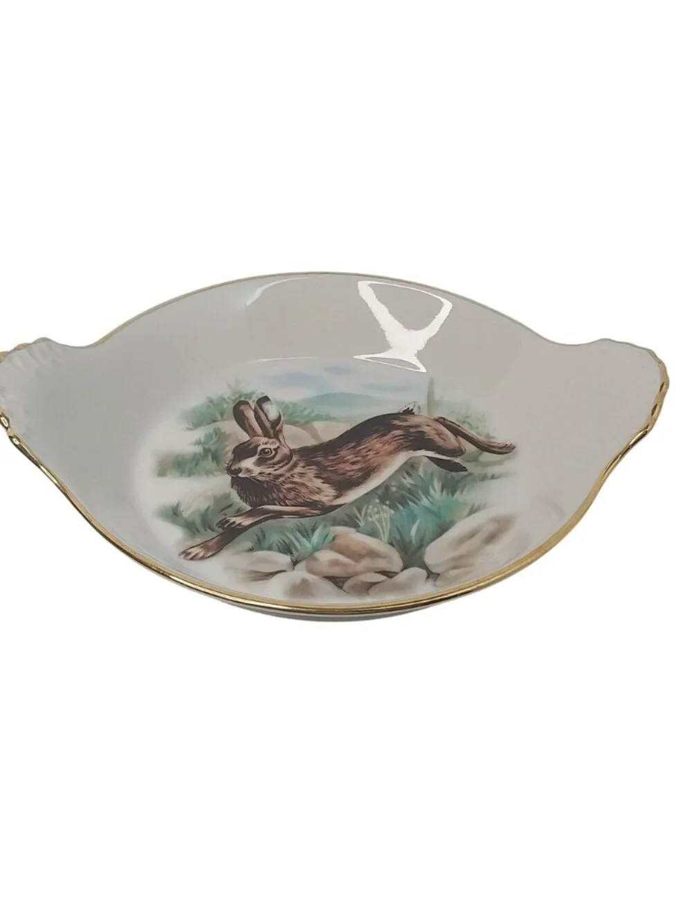 Apilco France Porcelain Decorative Trinket Dish Rabbit Hare Gold Trim